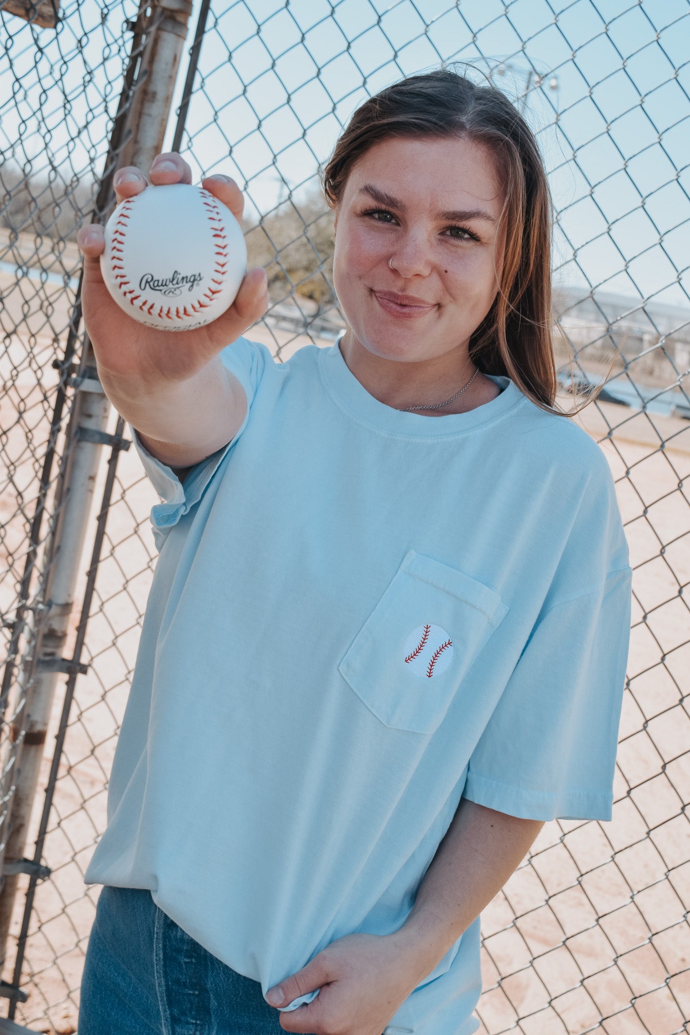 EMBROIDERED BASEBALL FAUX POCKET TEE