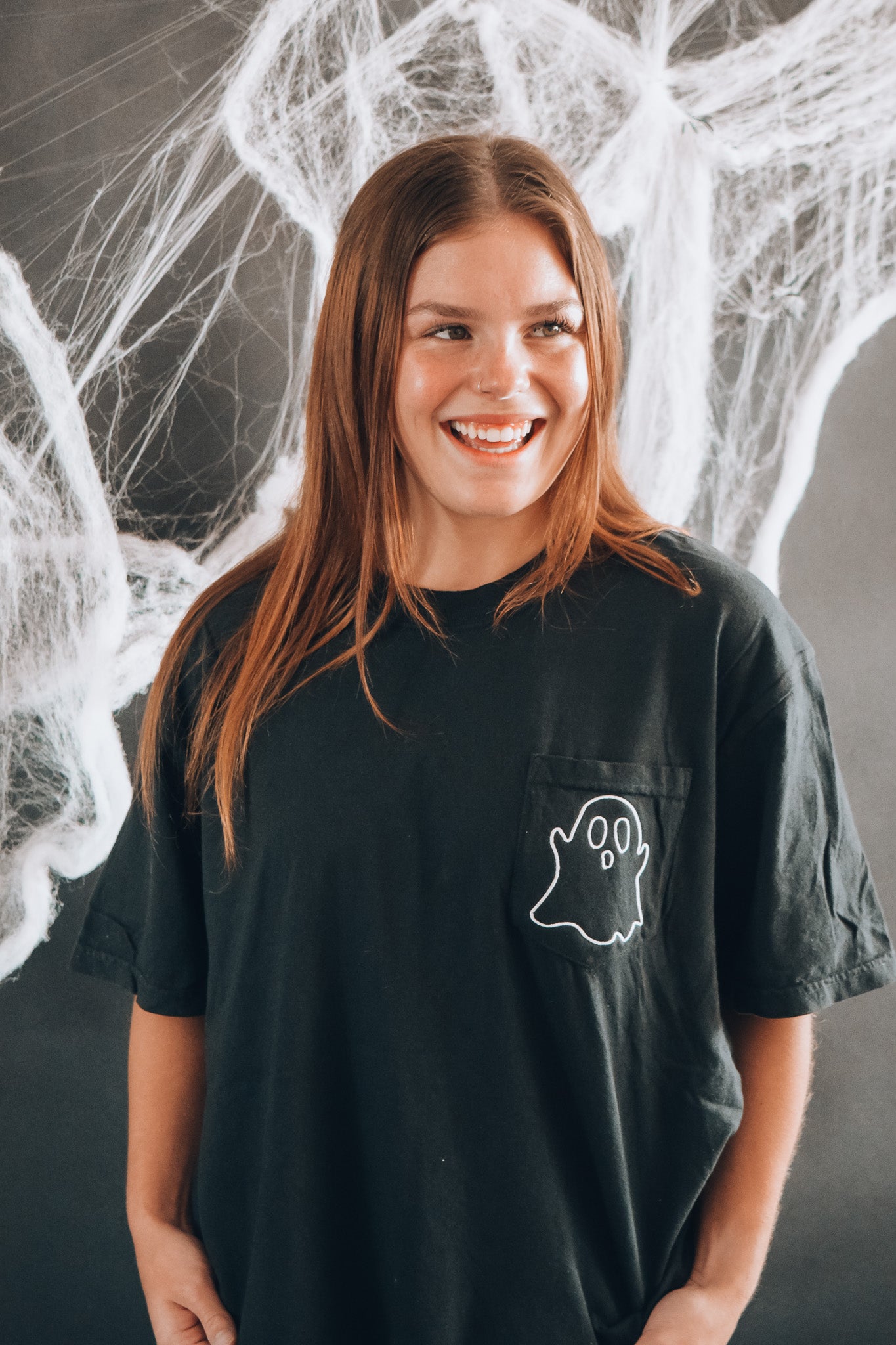 EMBROIDERED GHOST FAUX POCKET