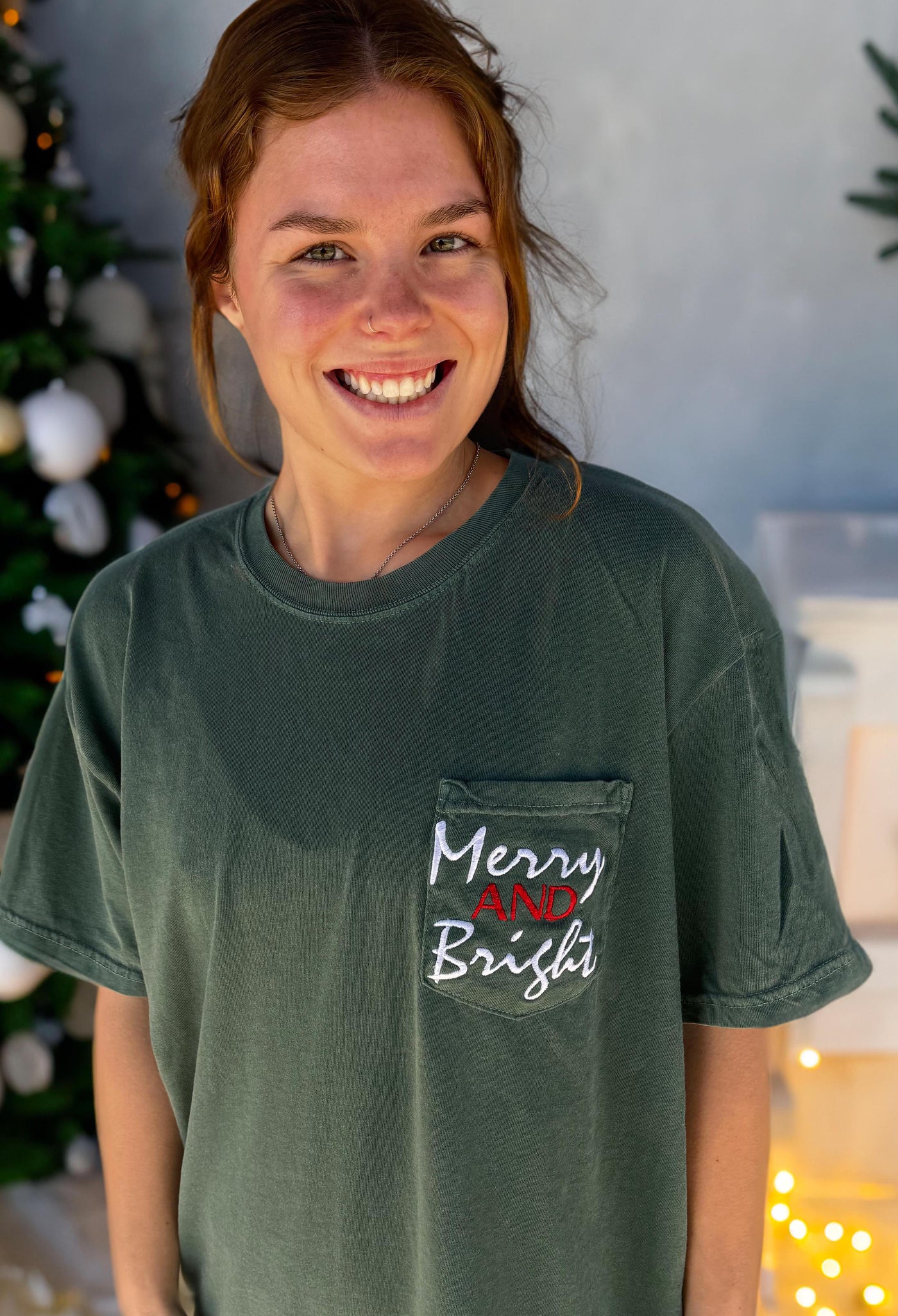 MERRY AND BRIGHT EMBROIDERED POCKET TEE