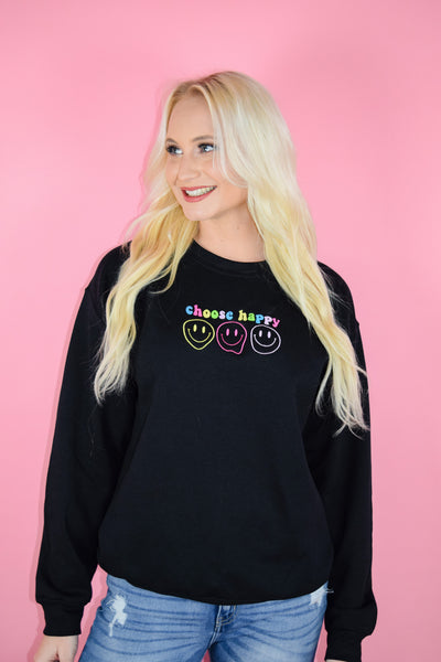 CHOOSE HAPPY EMBROIDERED SWEATER